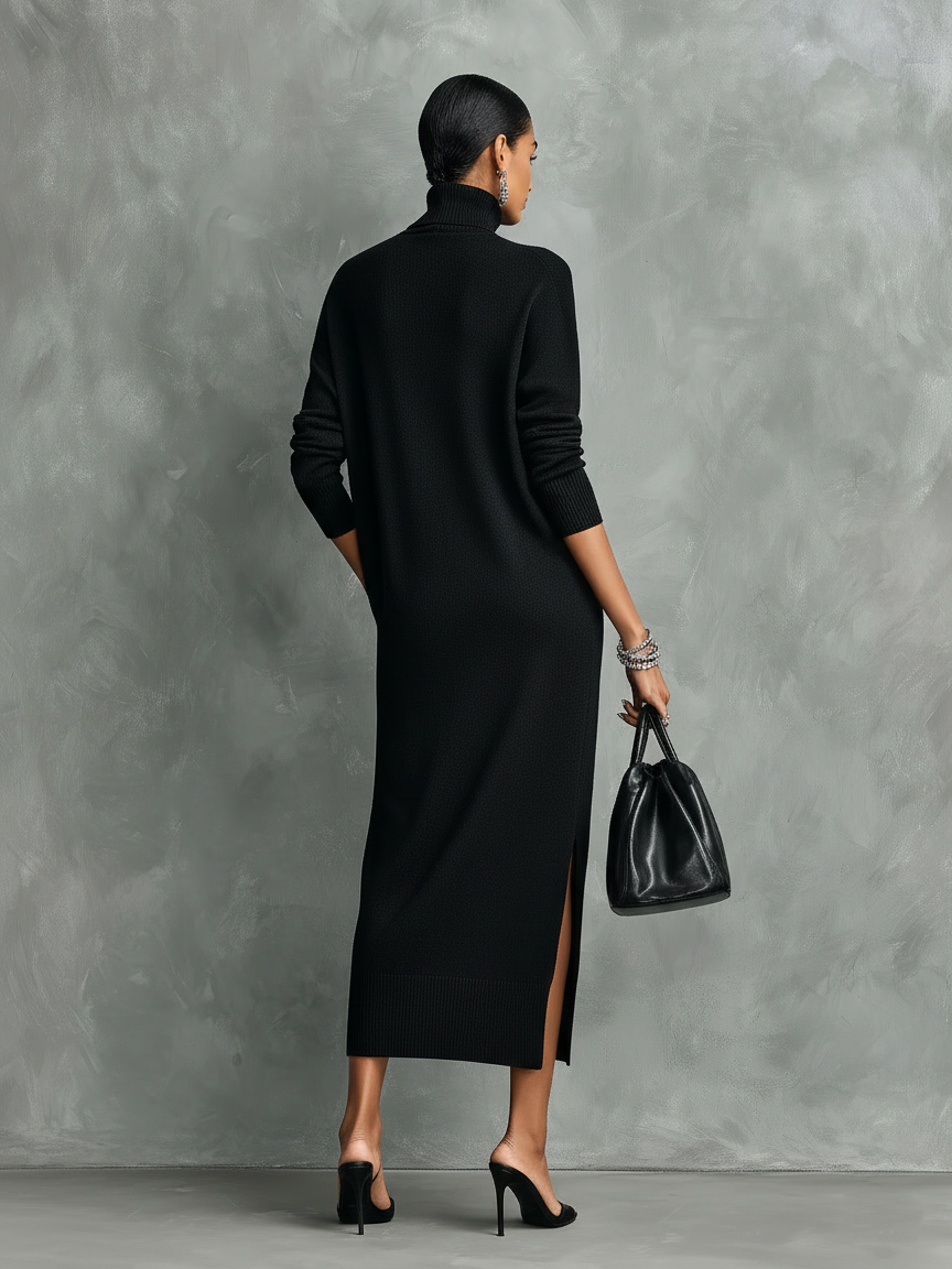 Robe midi noire tricotée à col roulé et manches longues