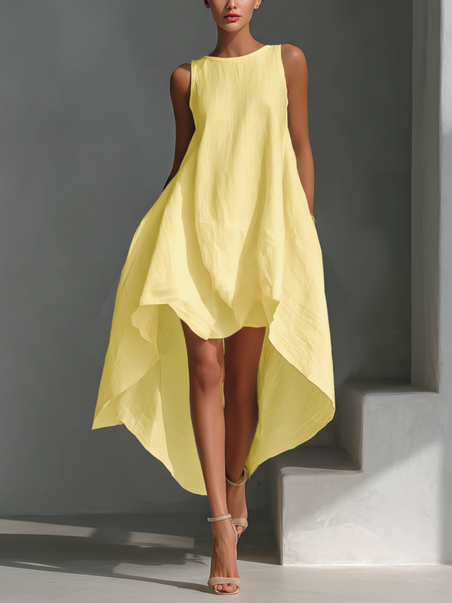 White Linen Sleeveless Midi Dress with Round Neck & Asymmetric Hem