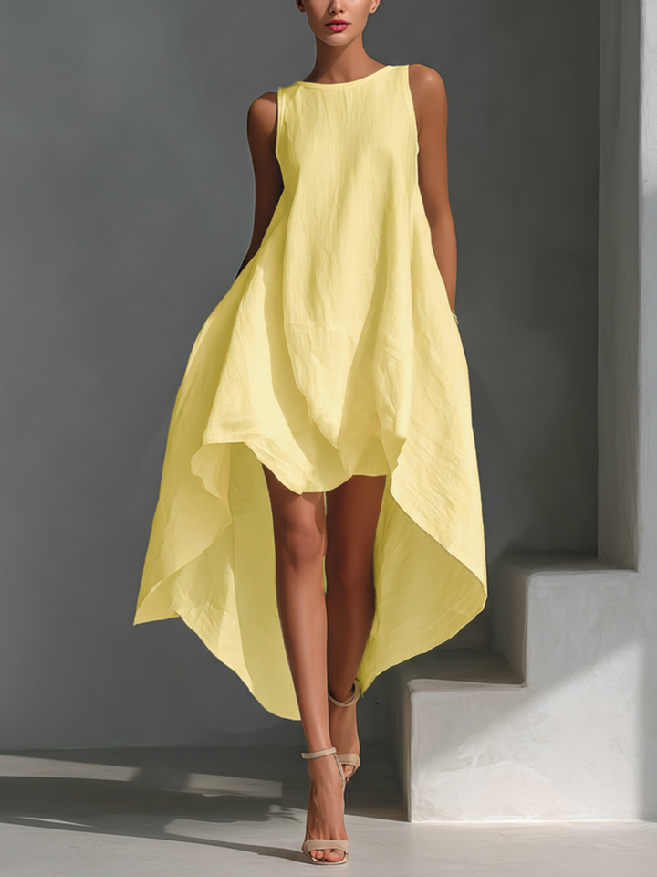 White Linen Sleeveless Midi Dress with Round Neck & Asymmetric Hem