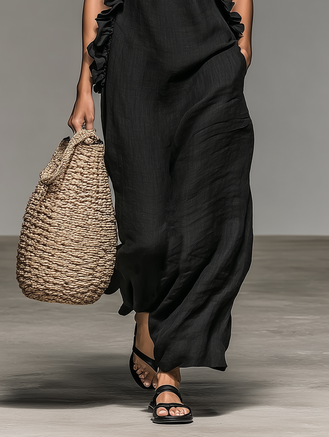 Robe longue sans manches en lin mélangé avec détails volantés