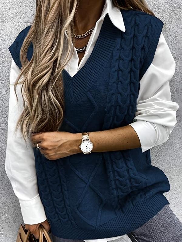 HANNAH™ - Gilet en maille texturée à col en V, style preppy, idéal pour la superposition automne-hiver