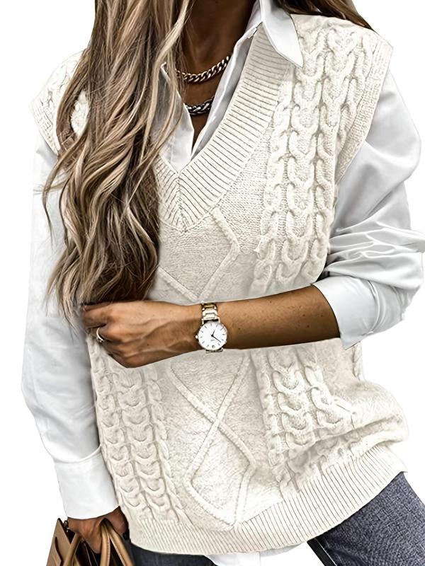 HANNAH™ - Gilet en maille texturée à col en V, style preppy, idéal pour la superposition automne-hiver