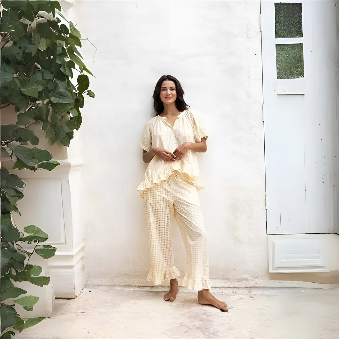 NEVERLAND™ - Ensemble décontracté à carreaux, haut à manches bouffantes et pantalon