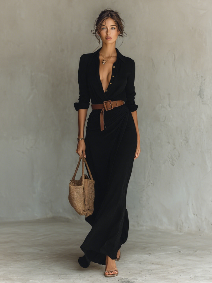 Lapel Single-Breasted Long-Sleeve Belted Maxi Dress