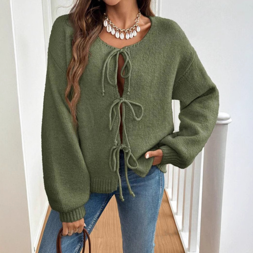 ADRIENNE™ - Gilet chic à manches longues, col rond et nœud sur le devant