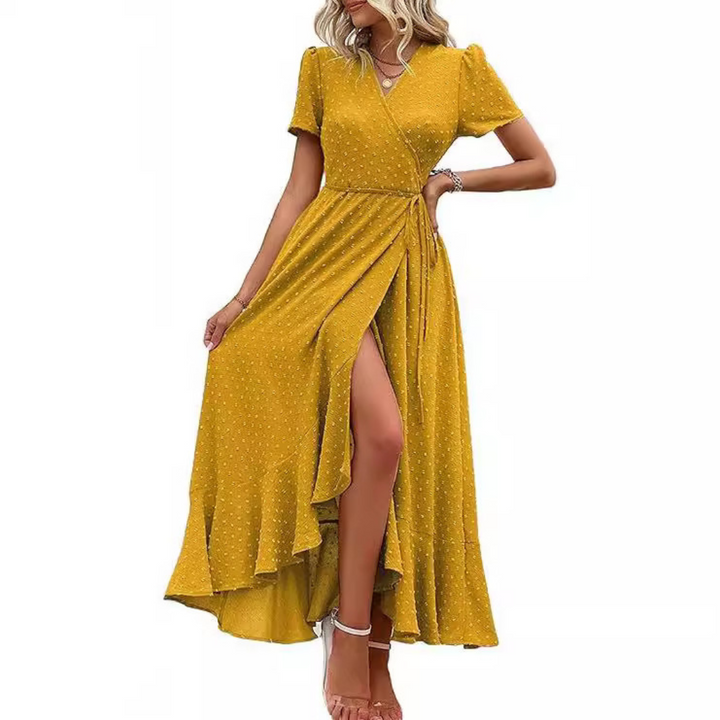 PILAR™ – Robe longue élégante à manches courtes, col en V et coupe portefeuille fluide