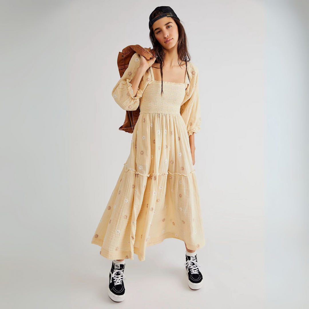 MOIRA™ - Robe maxi confortable à manches lanternes et col carré, ornée de fleurs