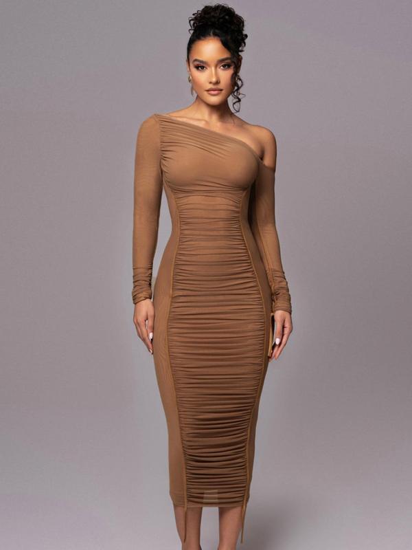 MARGARET™ - Robe moulante rayée à col asymétrique froncé