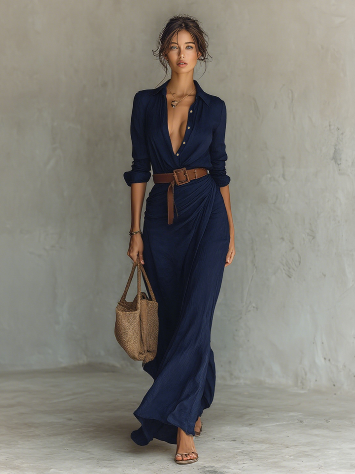 Lapel Single-Breasted Long-Sleeve Belted Maxi Dress