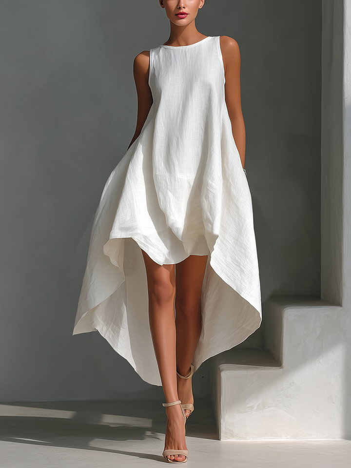 White Linen Sleeveless Midi Dress with Round Neck & Asymmetric Hem