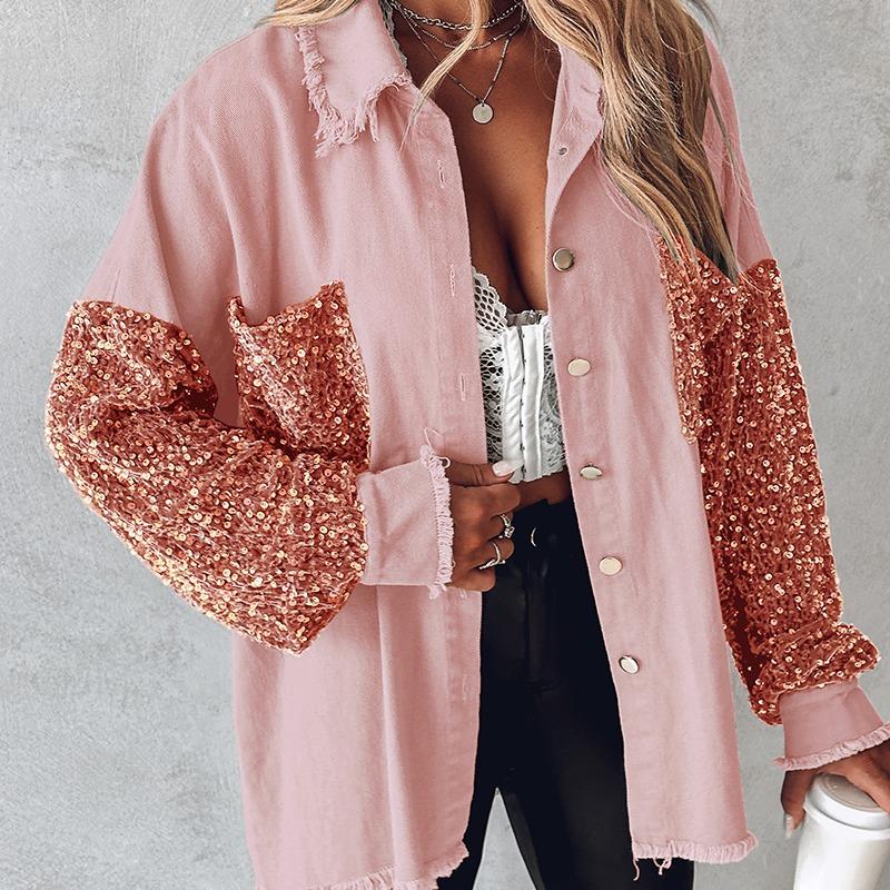 NENITA™ - Veste chic oversize à col boutonné et ourlet à sequins