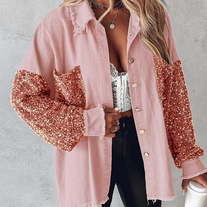 NENITA™ - Veste chic oversize à col boutonné et ourlet à sequins