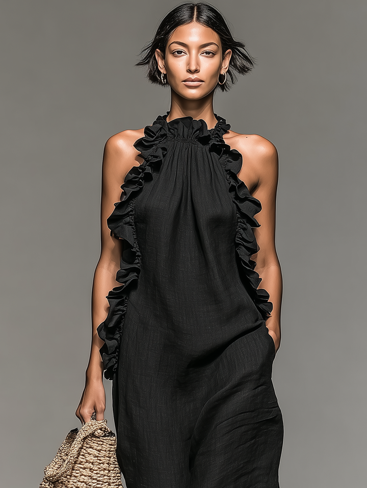 Robe longue sans manches en lin mélangé avec détails volantés