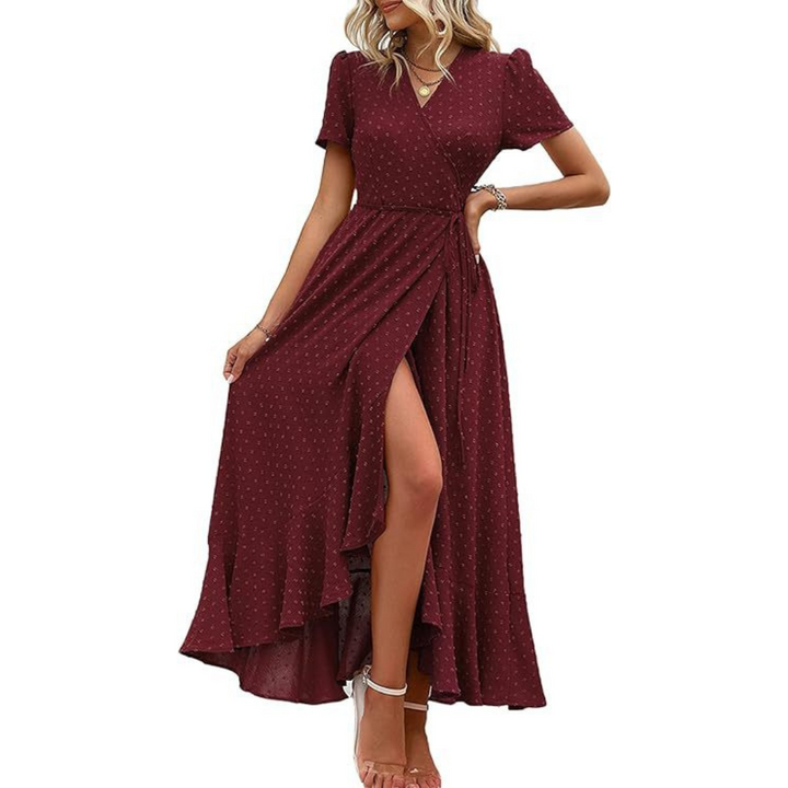 PILAR™ – Robe longue élégante à manches courtes, col en V et coupe portefeuille fluide