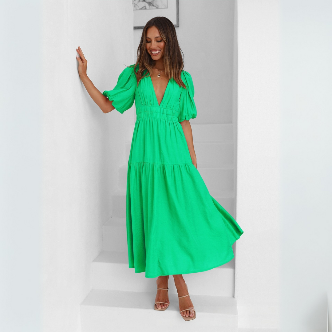 NAMU™ - Robe longue élégante à col en V et manches longues, coupe trapèze