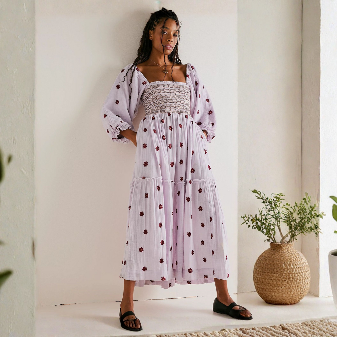 MOIRA™ - Robe maxi confortable à manches lanternes et col carré, ornée de fleurs