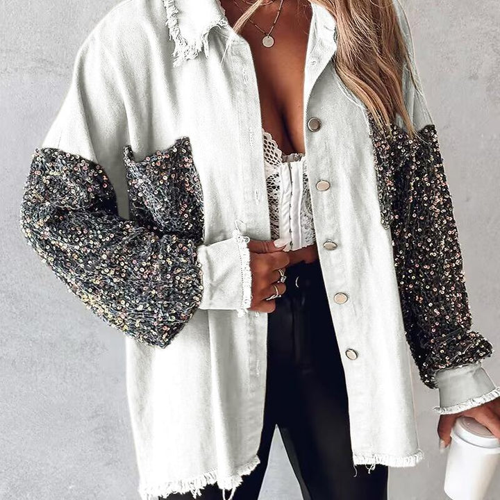 NENITA™ - Veste chic oversize à col boutonné et ourlet à sequins
