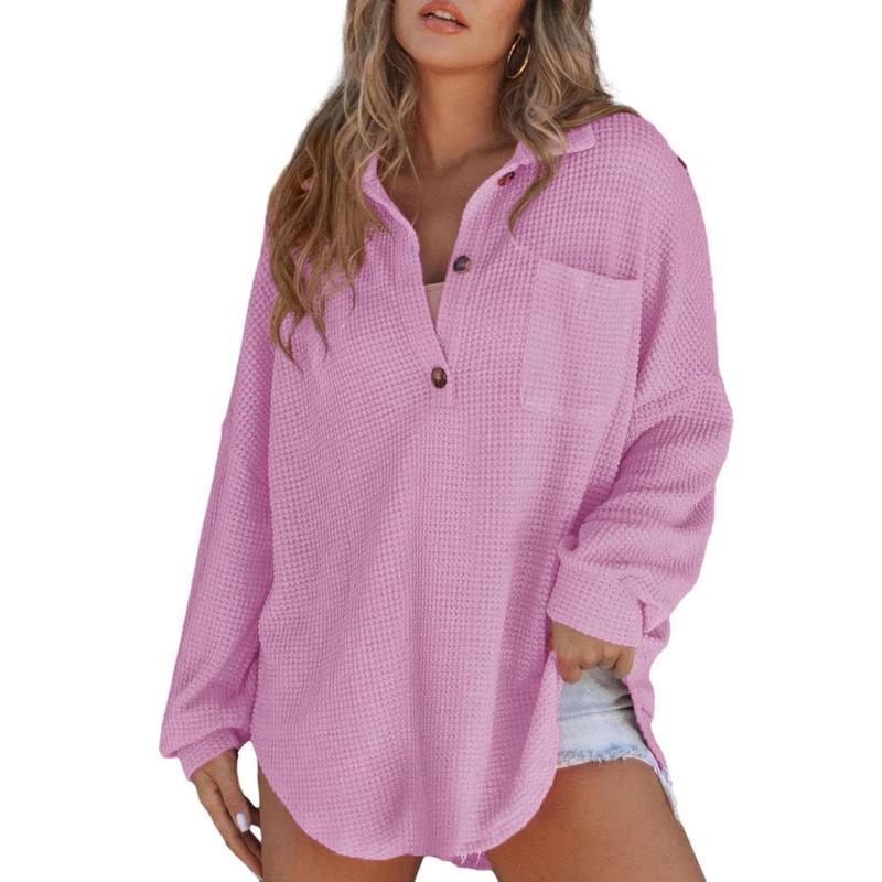 RHANNON™ - Pull décontracté oversize à manches longues et col en V gaufré