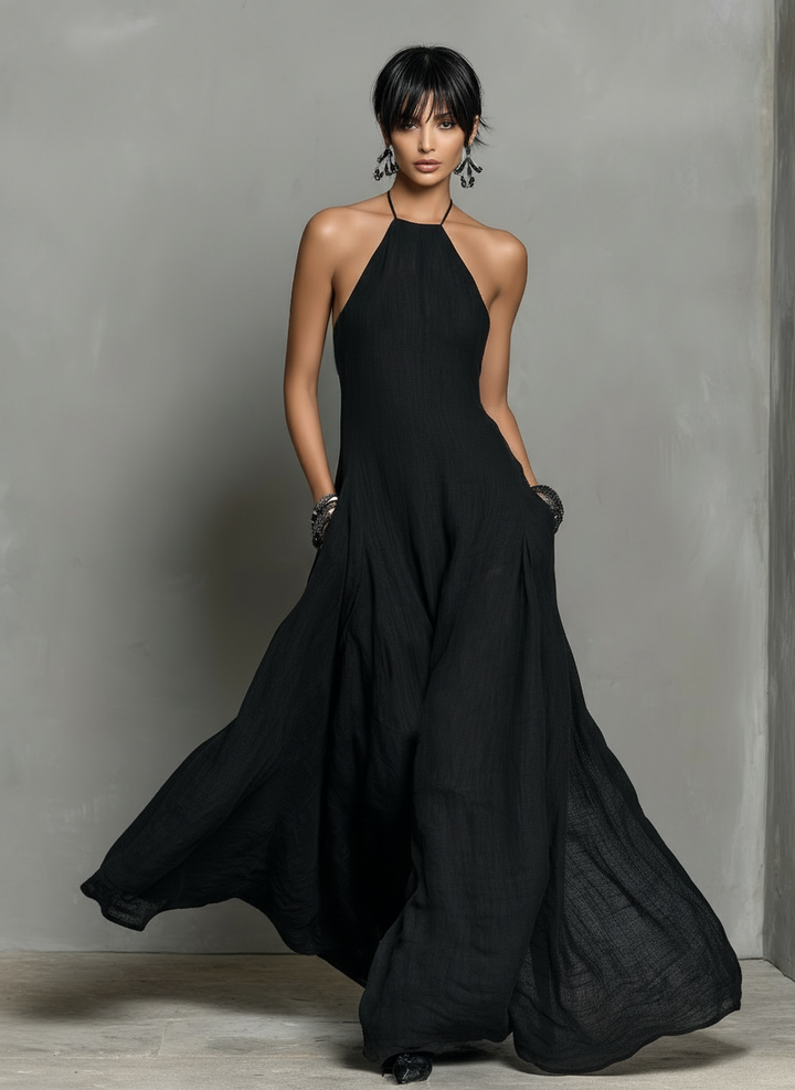 Robe longue sans manches dos nu en mélange de lin
