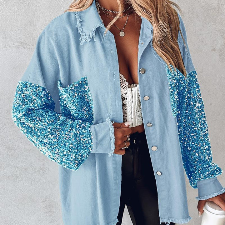 NENITA™ - Veste chic oversize à col boutonné et ourlet à sequins