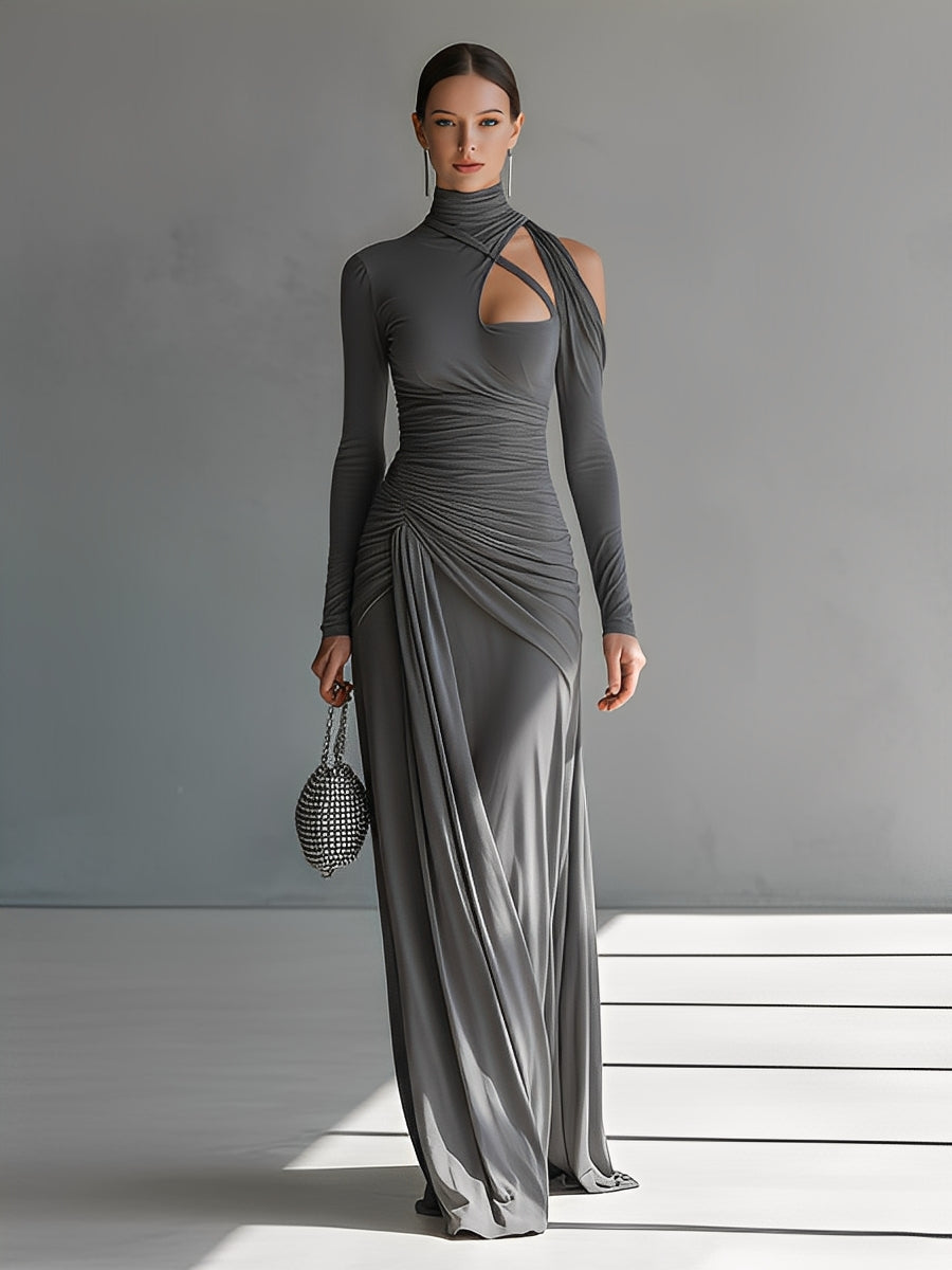 Grey Silky Stretch Ruched Cut-Out Maxi Dress