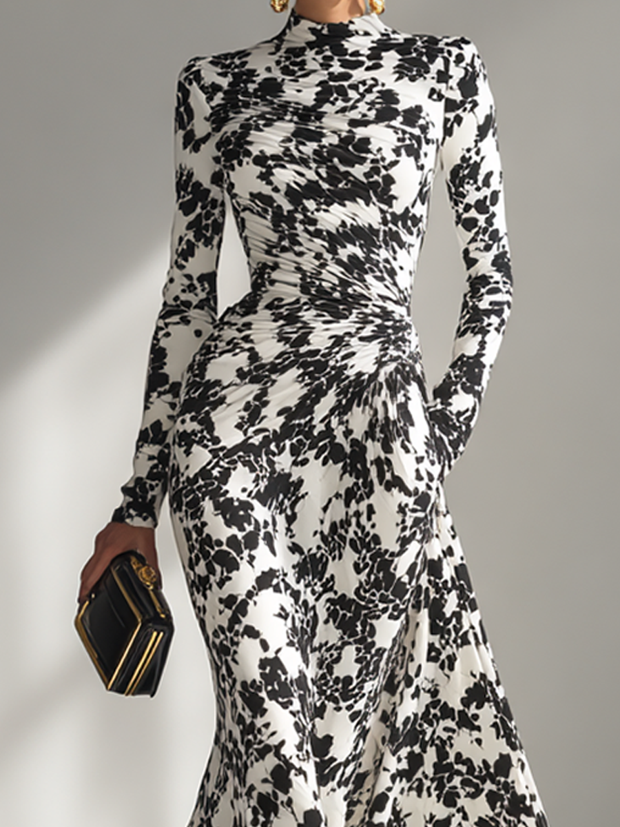 Black-and-White Patterned Stretch-Blend Wrap Dress