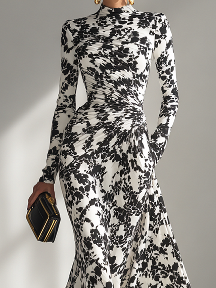 Black-and-White Patterned Stretch-Blend Wrap Dress