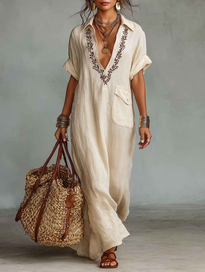 Linen-Blend Embroidered Short-Sleeve Shirt Maxi Dress
