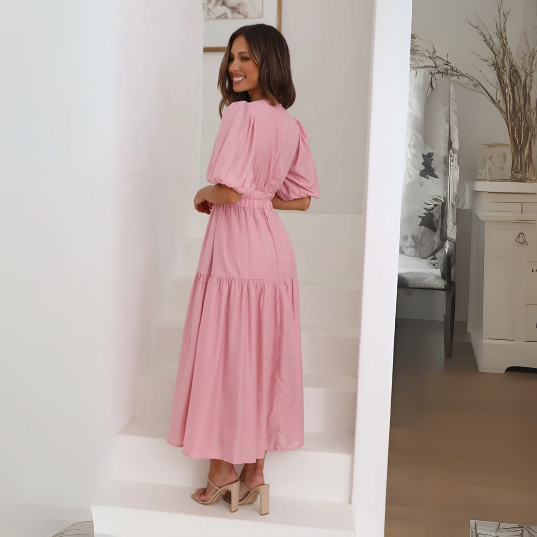 NAMU™ - Robe longue élégante à col en V et manches longues, coupe trapèze