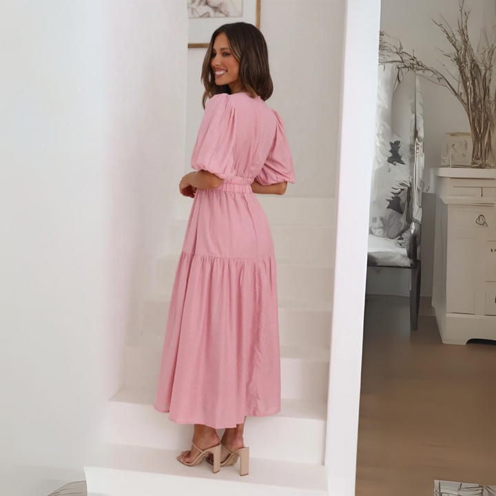 NAMU™ - Robe longue élégante à col en V et manches longues, coupe trapèze