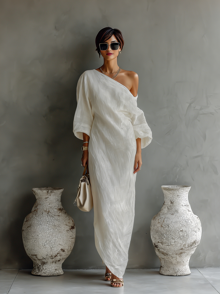 Robe fluide asymétrique en mélange coton-lin ivoire