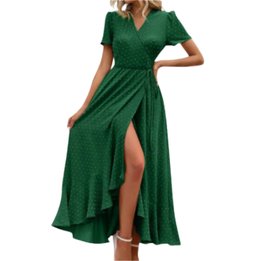 PILAR™ – Robe longue élégante à manches courtes, col en V et coupe portefeuille fluide