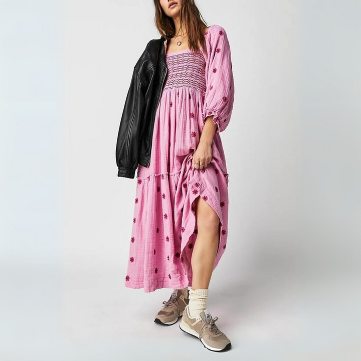 MOIRA™ - Robe maxi confortable à manches lanternes et col carré, ornée de fleurs