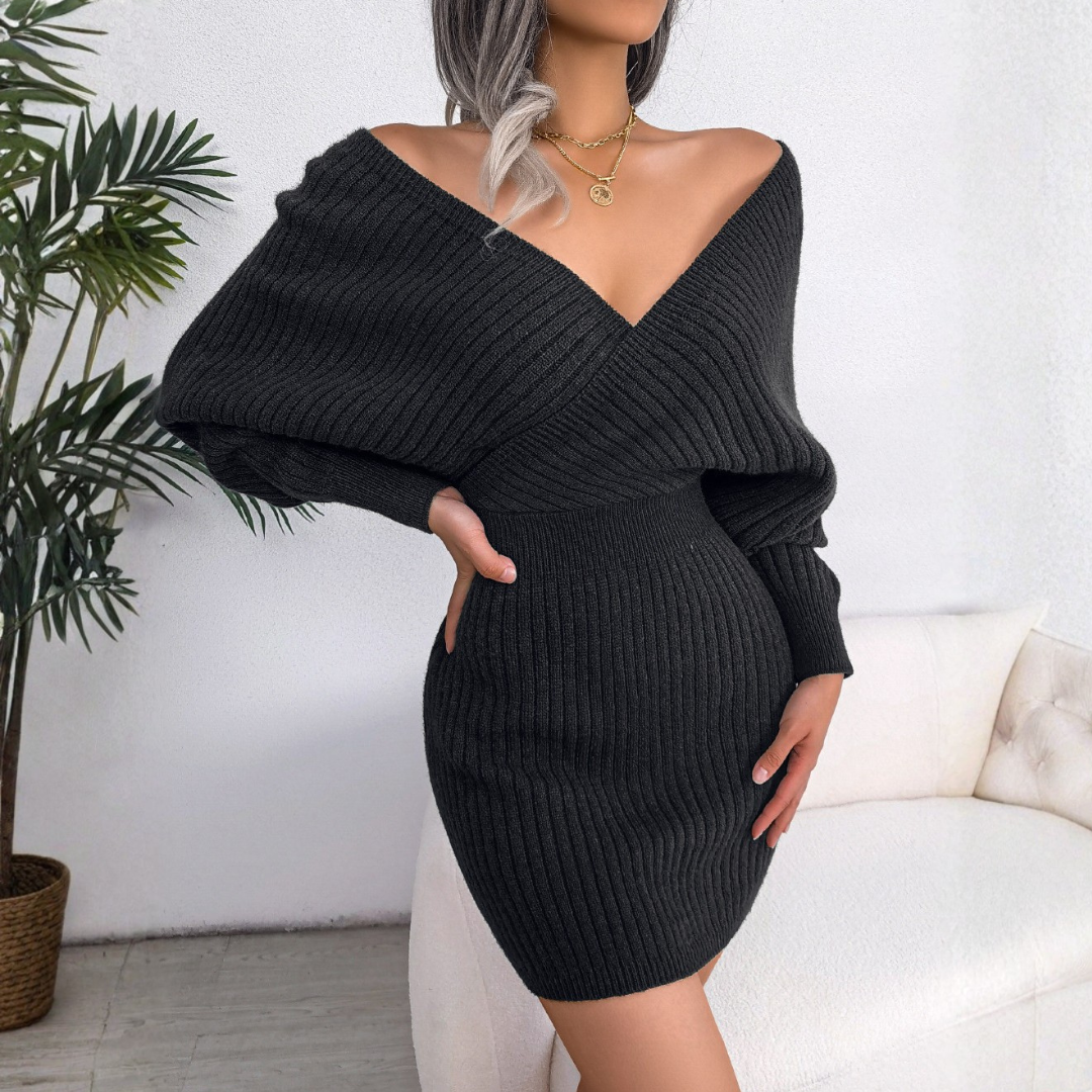 JUNO™ - Robe moulante mini à manches longues et col en V croisé chic