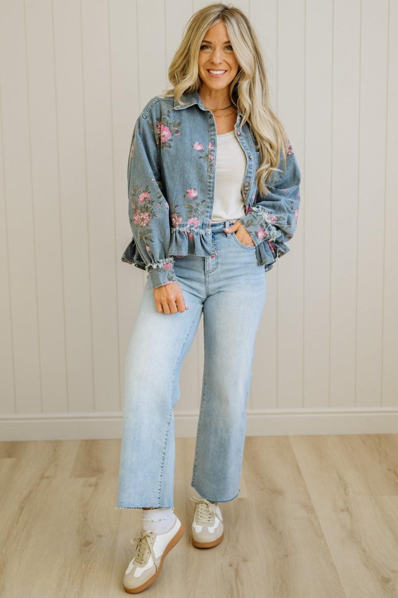 Hazel | Floral Denim Ruffle Jacket