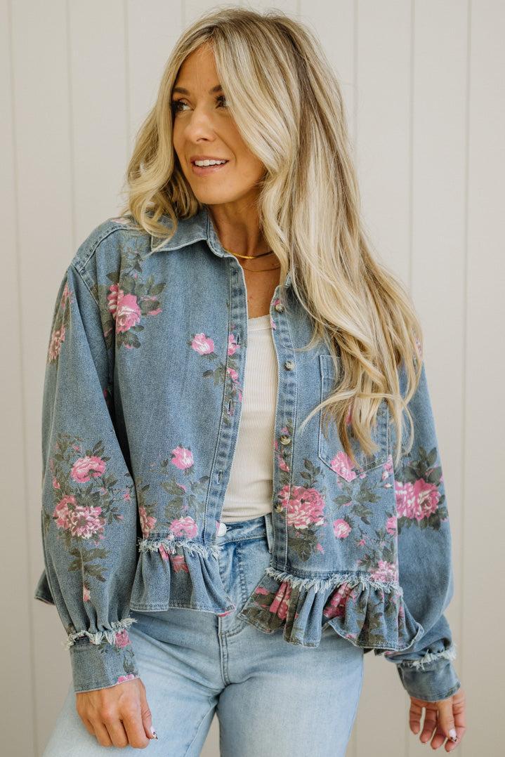 Hazel | Floral Denim Ruffle Jacket