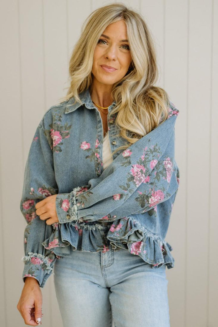 Hazel | Floral Denim Ruffle Jacket