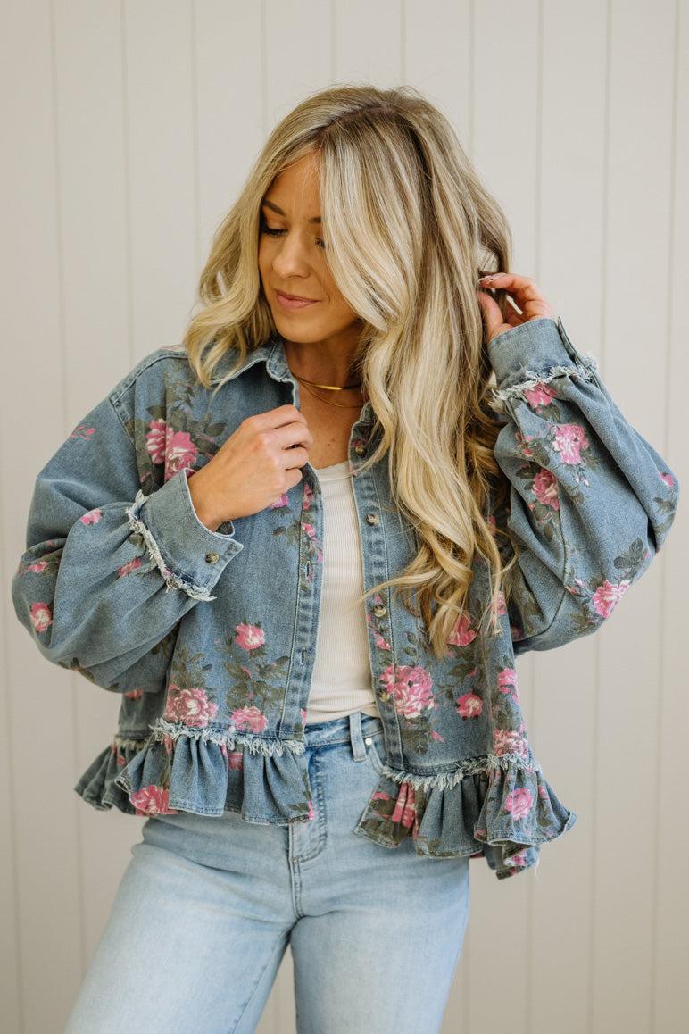 Hazel | Floral Denim Ruffle Jacket