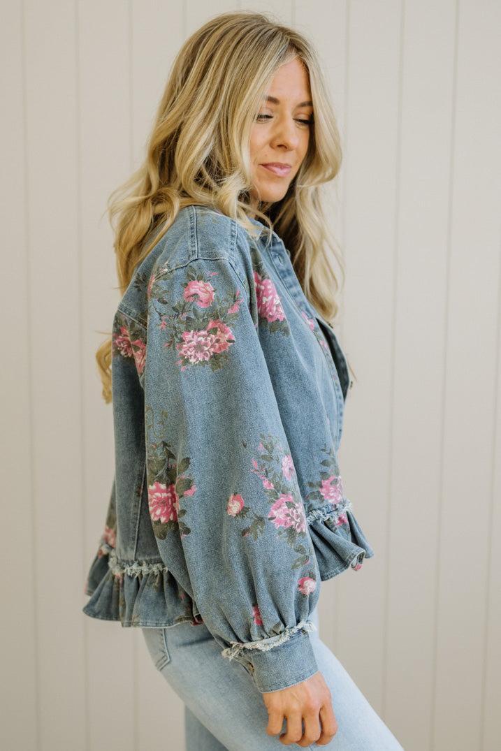 Hazel | Floral Denim Ruffle Jacket
