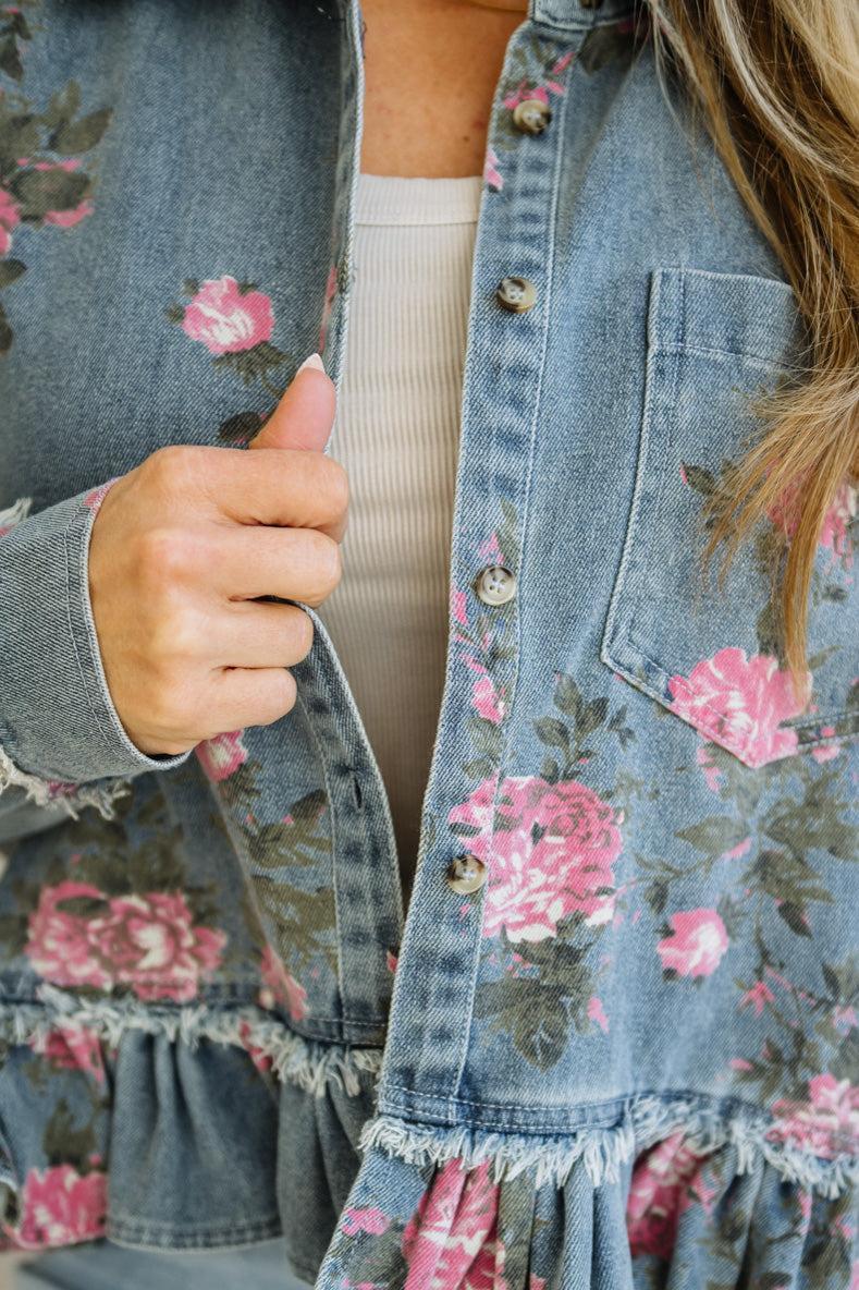 Hazel | Floral Denim Ruffle Jacket