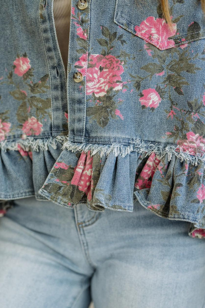 Hazel | Floral Denim Ruffle Jacket