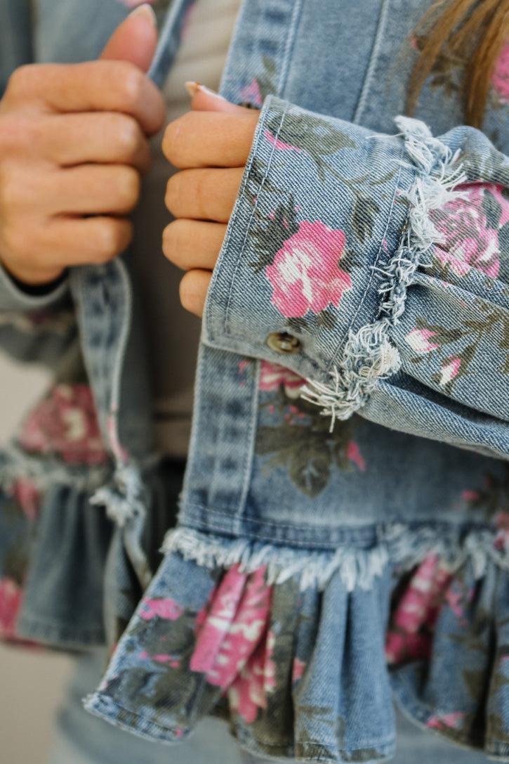 Hazel | Floral Denim Ruffle Jacket