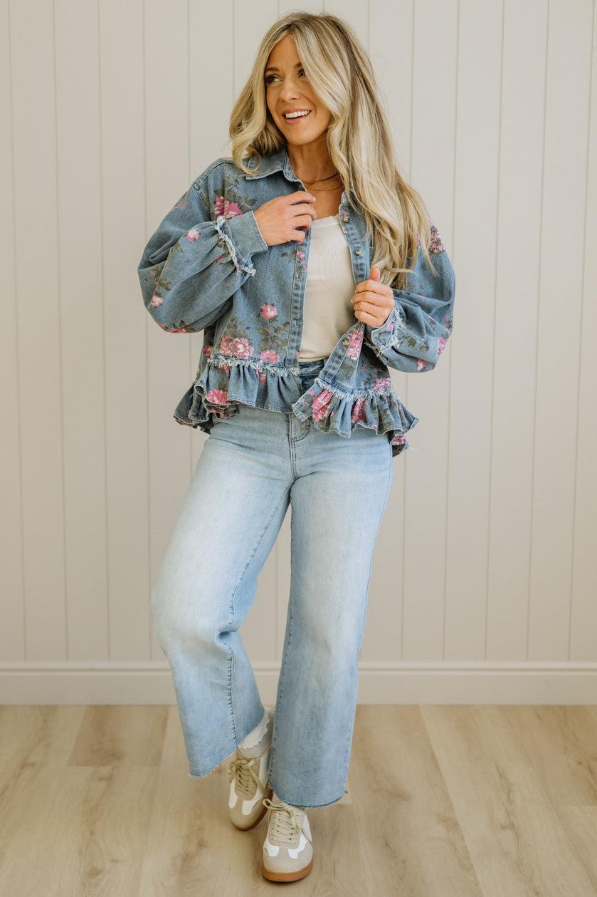 Hazel | Floral Denim Ruffle Jacket