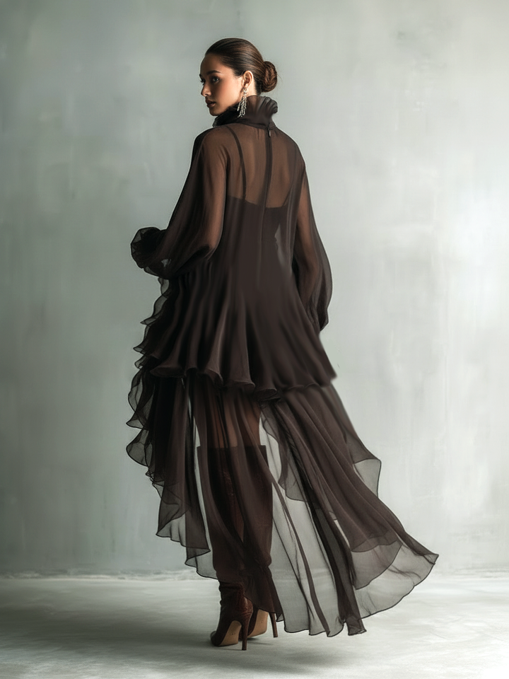 Brown Chiffon High-Neck Long-Sleeve Midi Dress
