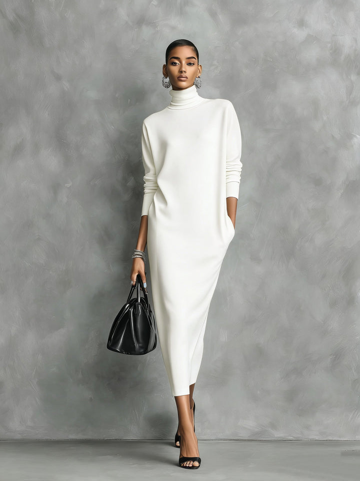 Robe midi noire tricotée à col roulé et manches longues