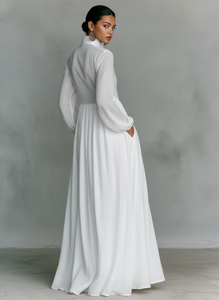 Robe longue en patchwork coton-lin, col montant et manches longues à boutonnage simple