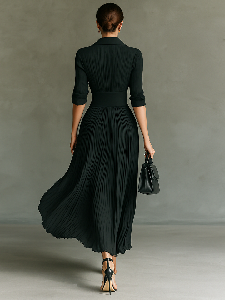 Solid Color Pleated Lapel Waist Long-Sleeve Maxi Dress