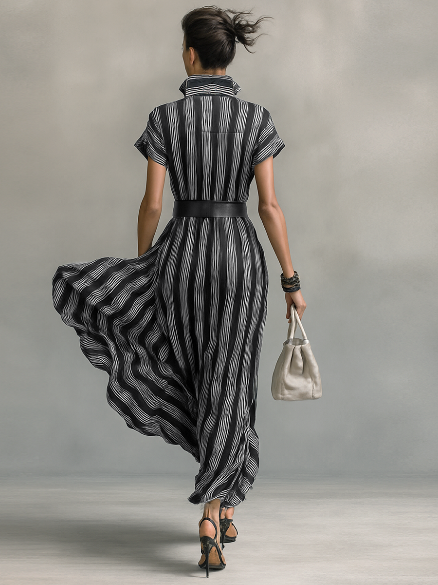 Chiffon Striped Printed Lapel Short-Sleeve Belted Maxi Dress