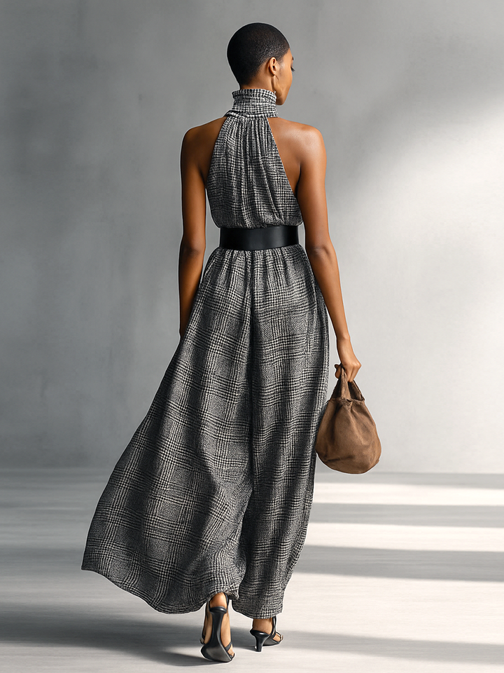 Plaid High-Collar Sleeveless Belted Maxi Dress