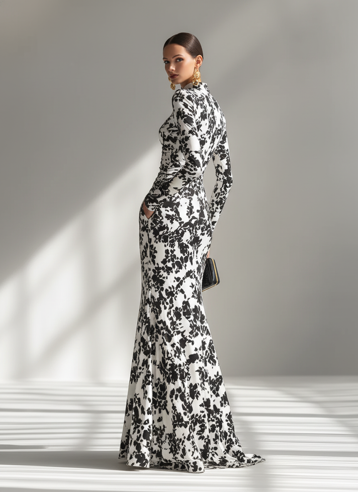 Black-and-White Patterned Stretch-Blend Wrap Dress